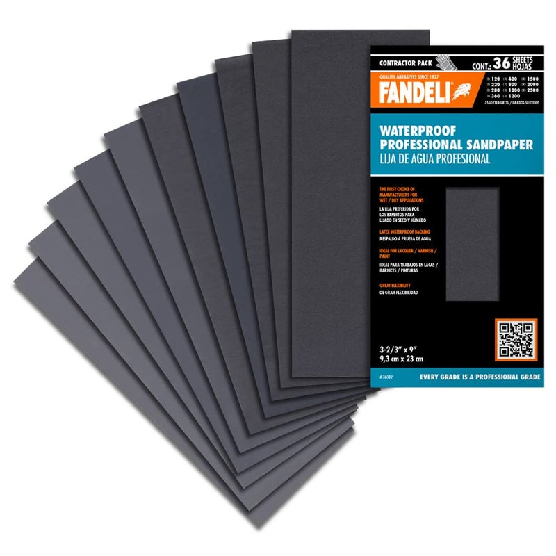 Fandeli | Waterproof Sandpaper | Assortment of Grits from 120 to 2500 | 36 Sheets 23 x 9,3 cm | for Car Polishing, Wood Furniture Sanding and Metal Sanding | Water Resistant - Image 1